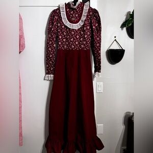 Floral Burgundy Long Sleeve Costume Dress with Lace Trim